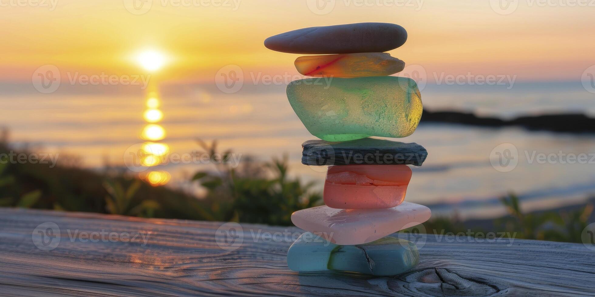 ai generado un apilar de colores pastel mar vaso piezas equilibrado en parte superior de cada otro foto