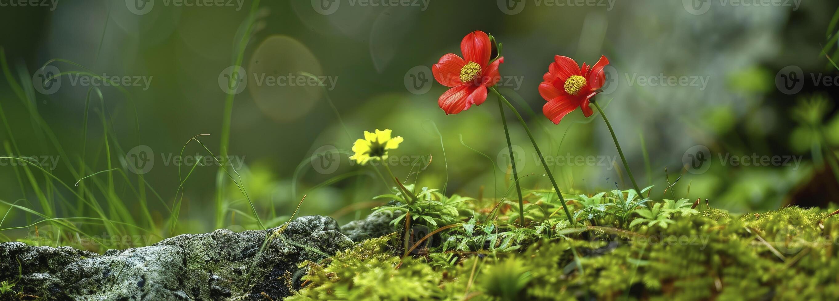 AI generated Two red flowers grow on moss, with a green background. photo