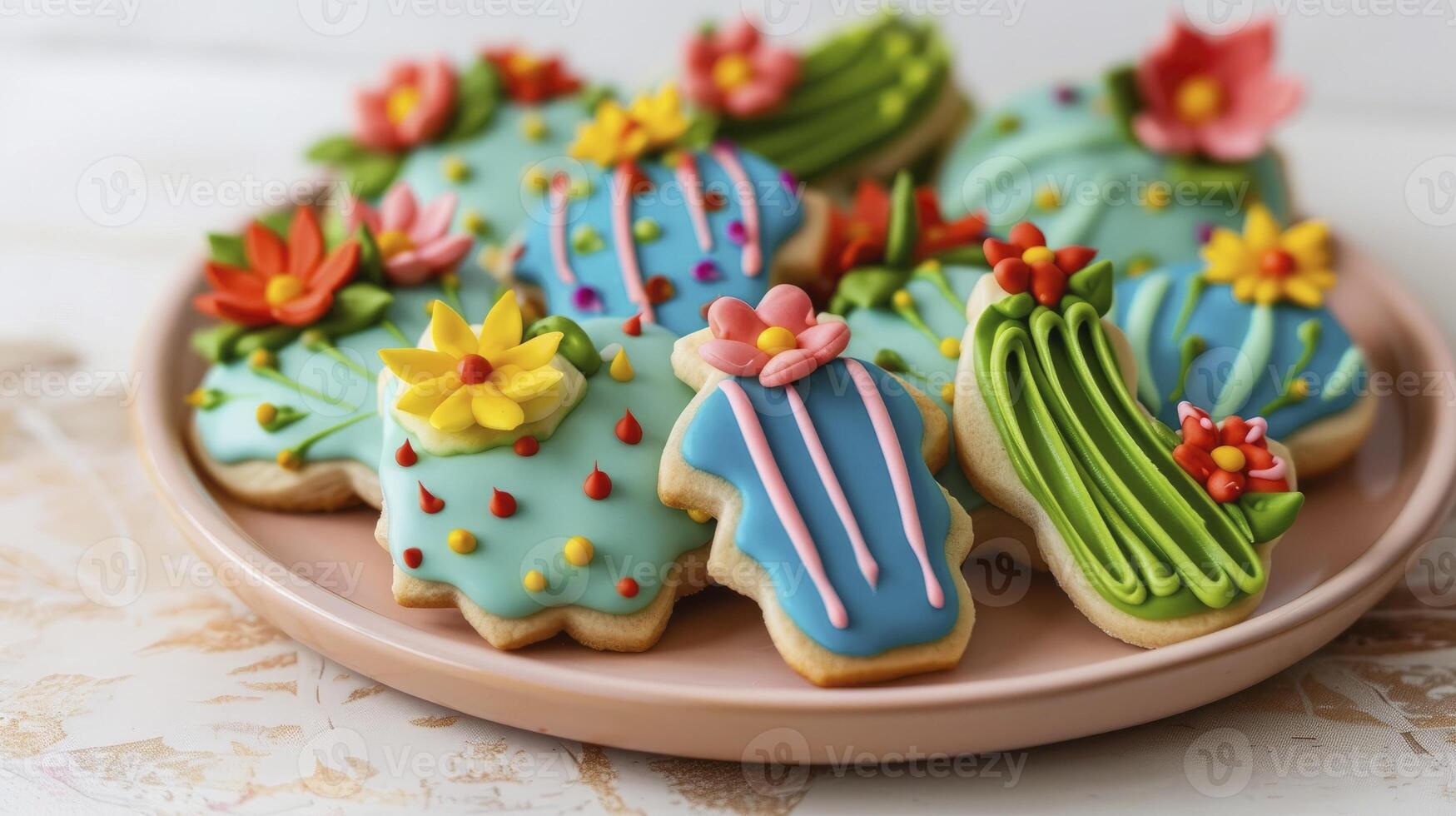 AI generated Cinco de Mayo day concept decorated sugar cookies in the shape of cacti with vibrant green and blue icing with bright red or yellow flowers. photo