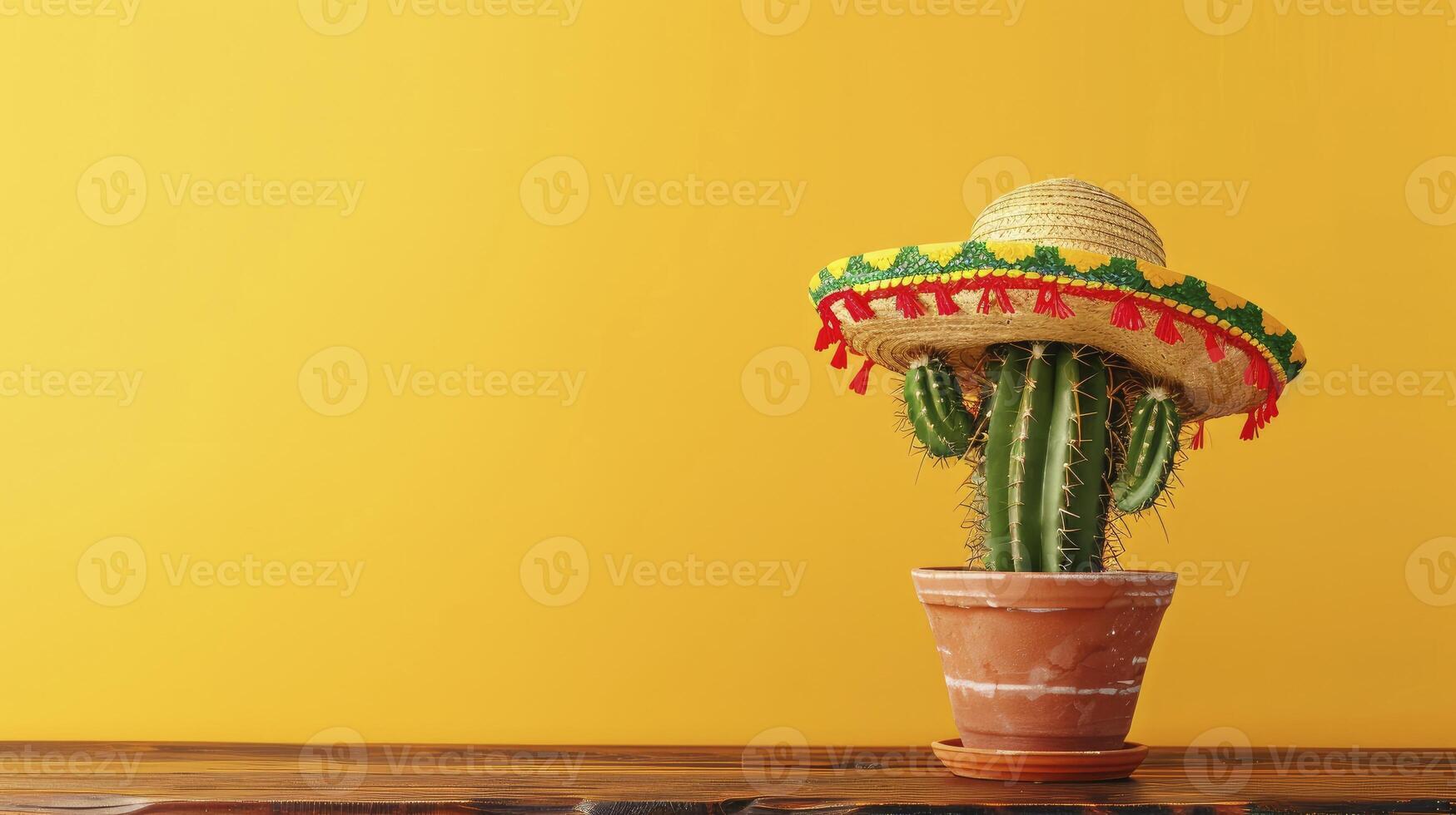 AI generated Cactus in sombrero hat on wooden table against yellow background with space, Mexican fiesta concept. photo