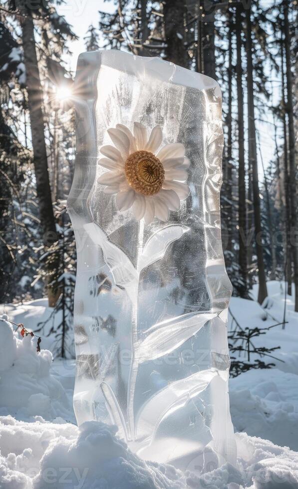 AI generated Snow is ice wall made of pure white crystal with a sunflower blooming. The background features tall and dense trees covered in heavy snow, with sunlight shining through the ground. photo