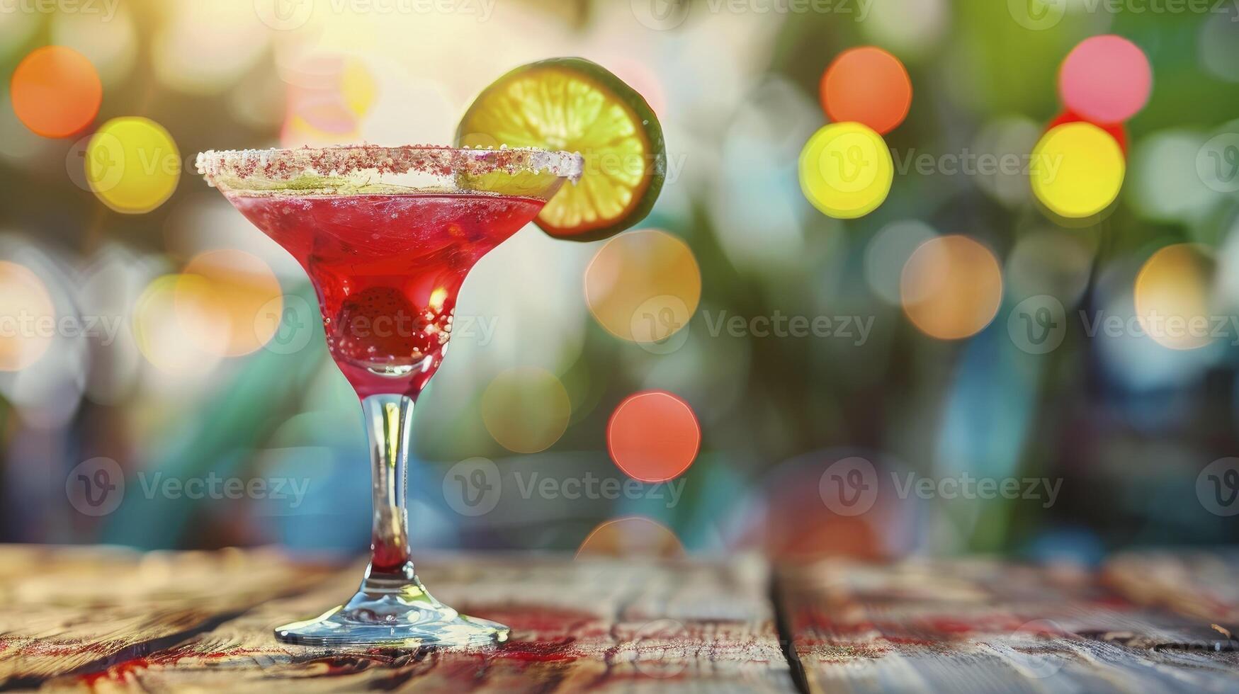 AI generated A red margarita in a martini glass with a salted rim on a wooden against a bokeh background photo