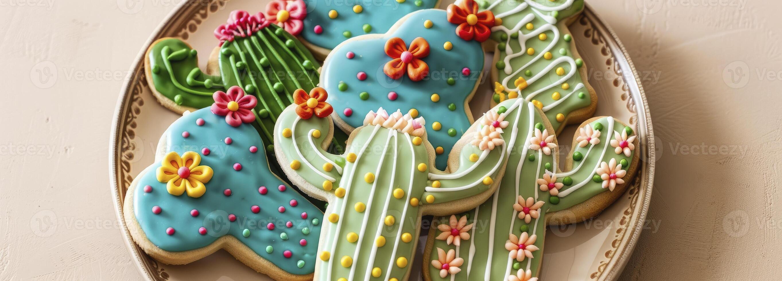 AI generated Cinco de Mayo day concept decorated sugar cookies in the shape of cacti with vibrant green and blue icing with bright red or yellow flowers. photo