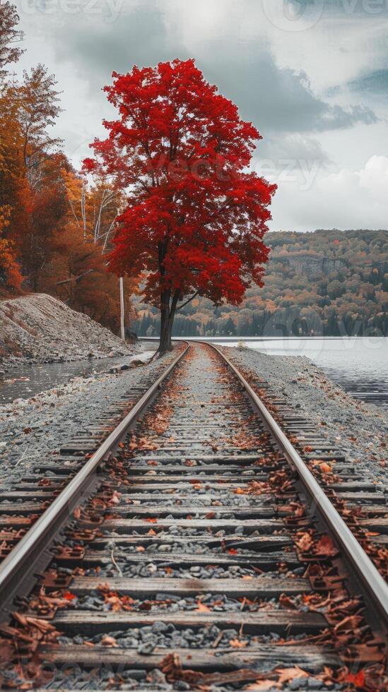 AI generated Red maple tree leaves in the style of the lake and train tracks. photo