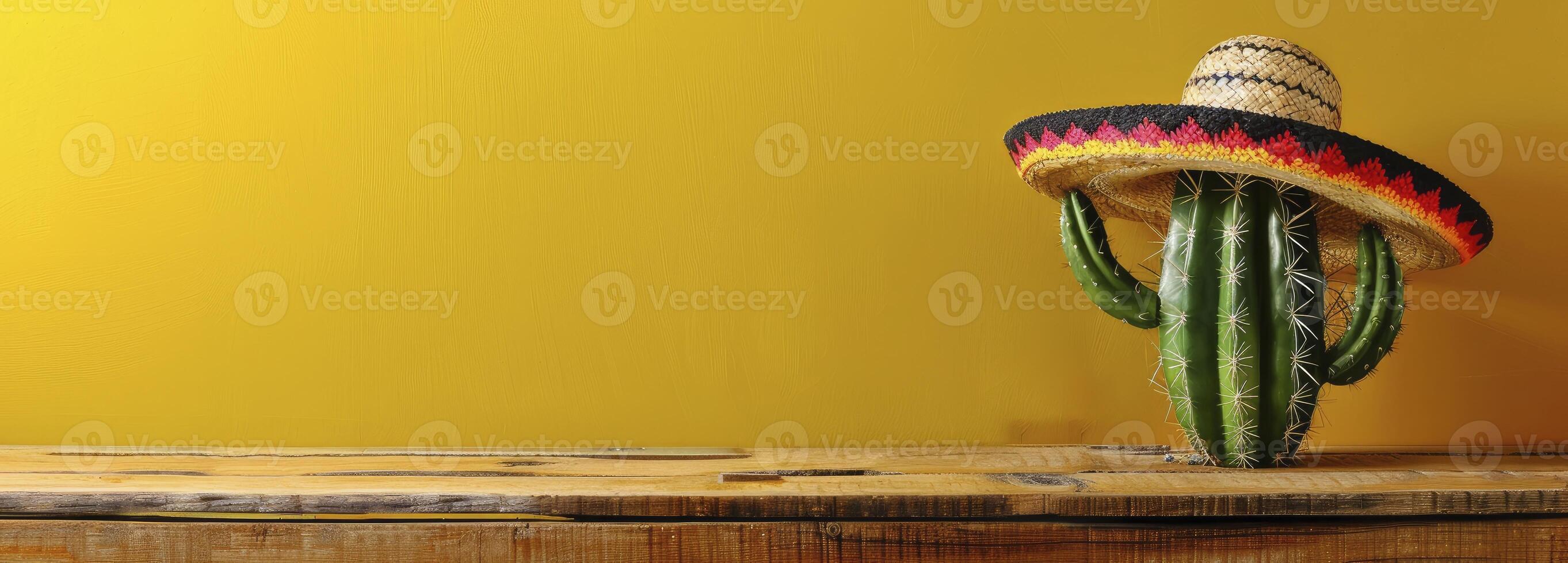 AI generated Cactus in sombrero hat on wooden table against yellow background with space, Mexican fiesta concept. photo