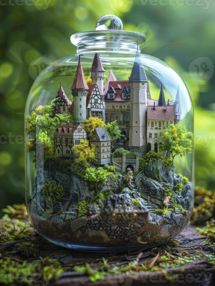 AI generated Beautiful fantasy miniature terrariums, glass jars with castles and beautiful gardens inside, fantasy cityscapes and architecture. photo