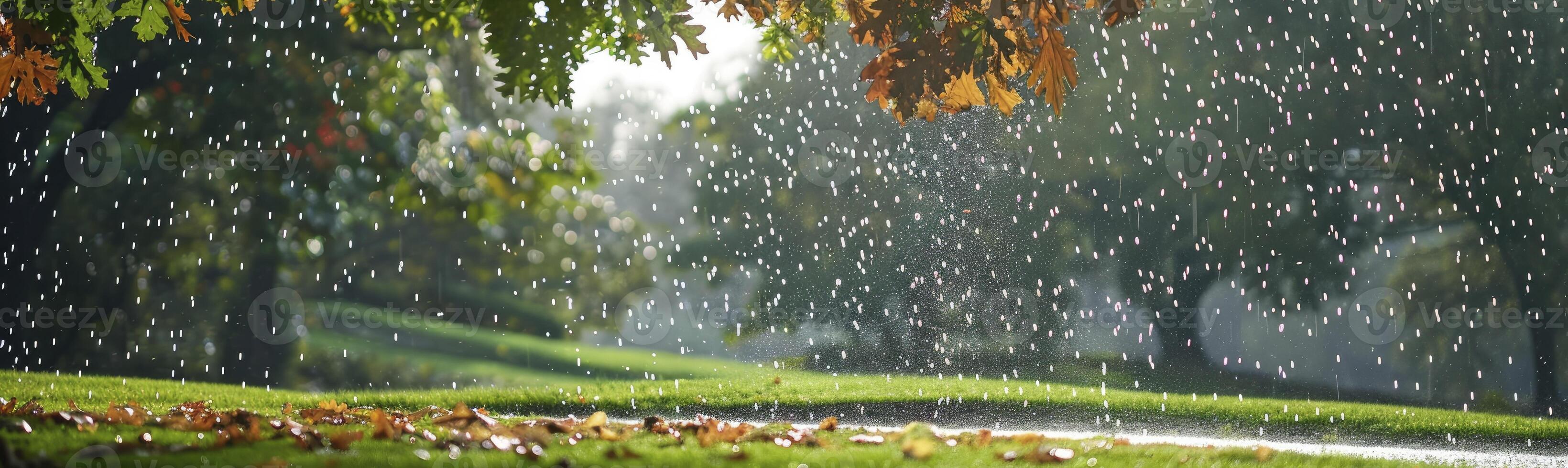 AI generated Rain falls on the grass around a small pond. photo