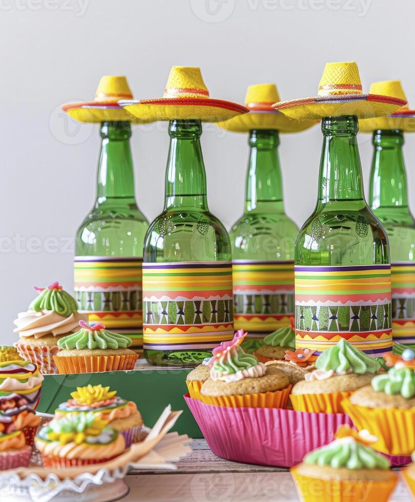 AI generated Cinco de Mayo-themed party featuring bright green bottles with sombreros. photo