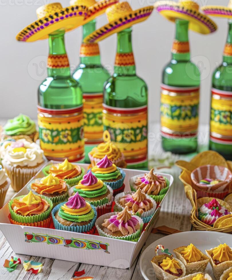 AI generated Cinco de Mayo-themed party featuring bright green bottles with sombreros. photo