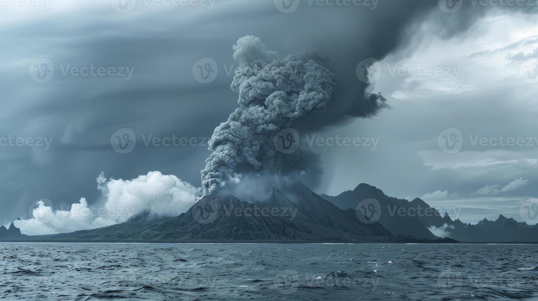 ai generado escupiendo fumar y oscuro gris nubes terminado el isla. foto