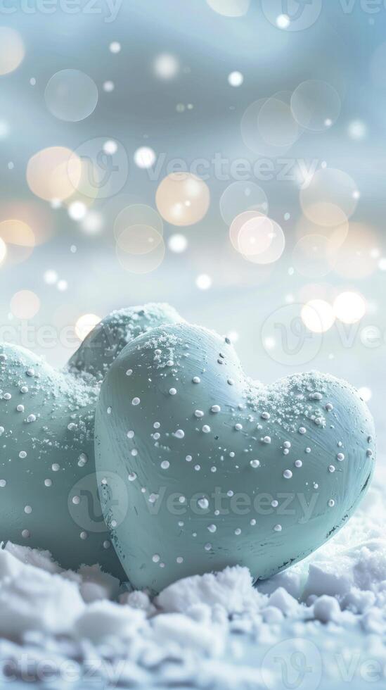 AI generated Two Mint Green Hearts Adorned with White Dots Resting on Snow, Bokeh Lights, Atmosphere of Love and Romance in Soft Pastel Tones Perfect for Valentines Day photo