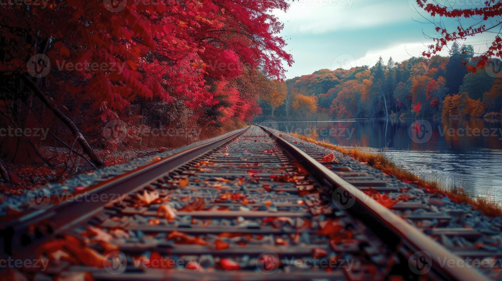 AI generated Red maple tree leaves in the style of the lake and train tracks. photo