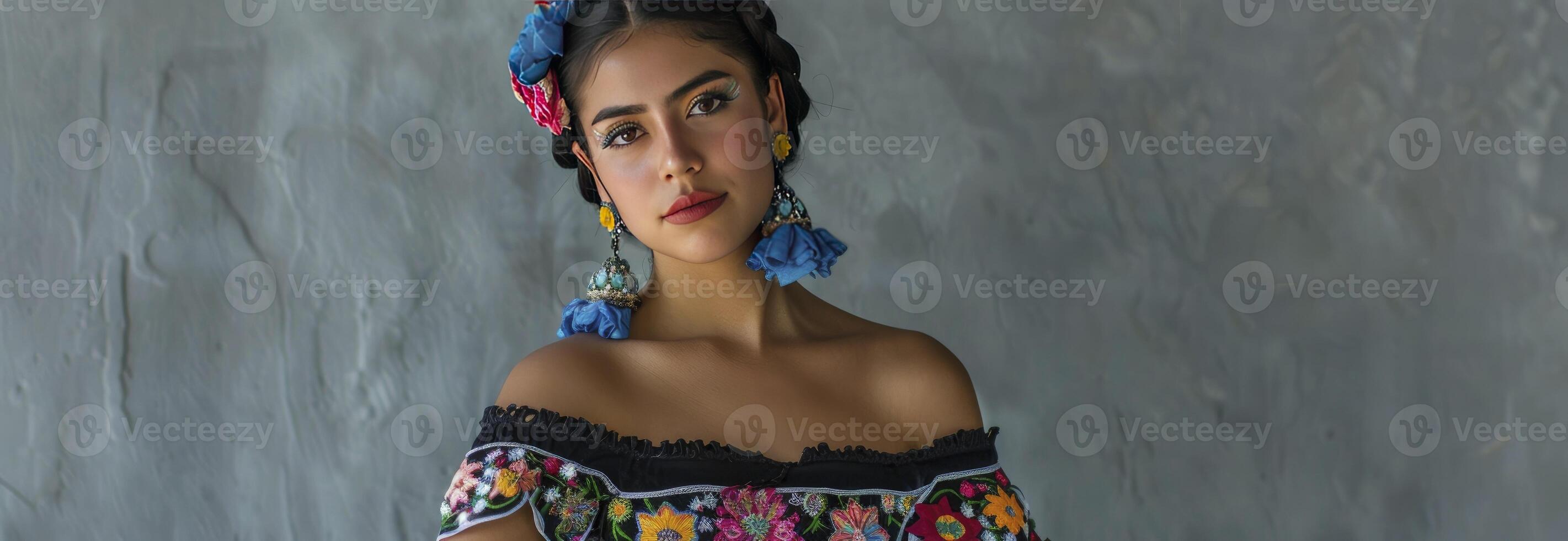 AI generated A beautiful young woman wearing traditional Mexican off-the-shoulder top dressed photo