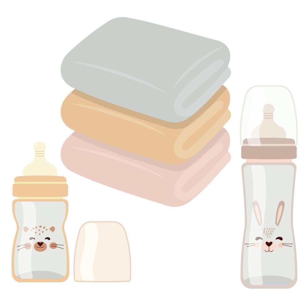 Vector Baby feeding bottles and towels with cute stickers in cartoon style Flat style
