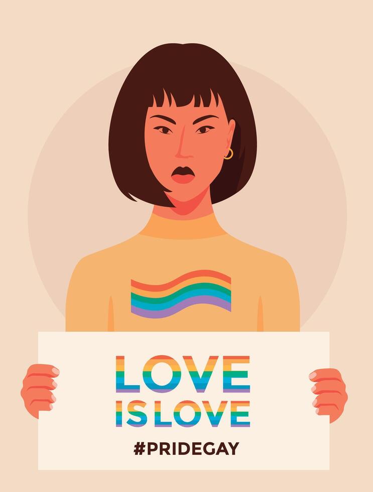 plano vector retrato mujer asiático participación un amor es amor cartel orgullo gay concepto..