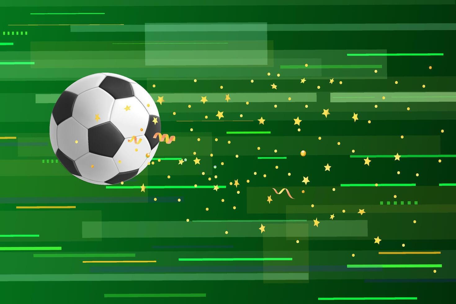 Flying soccer ball with golden confetti on abstract green background. 3d vector illustration