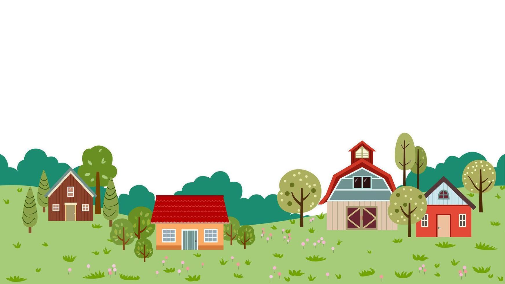 primavera paisaje granero granja, casa, prado y arboles plano diseño estilo recopilación. campo panorámico Copiar espacio para bandera antecedentes sin costura vector