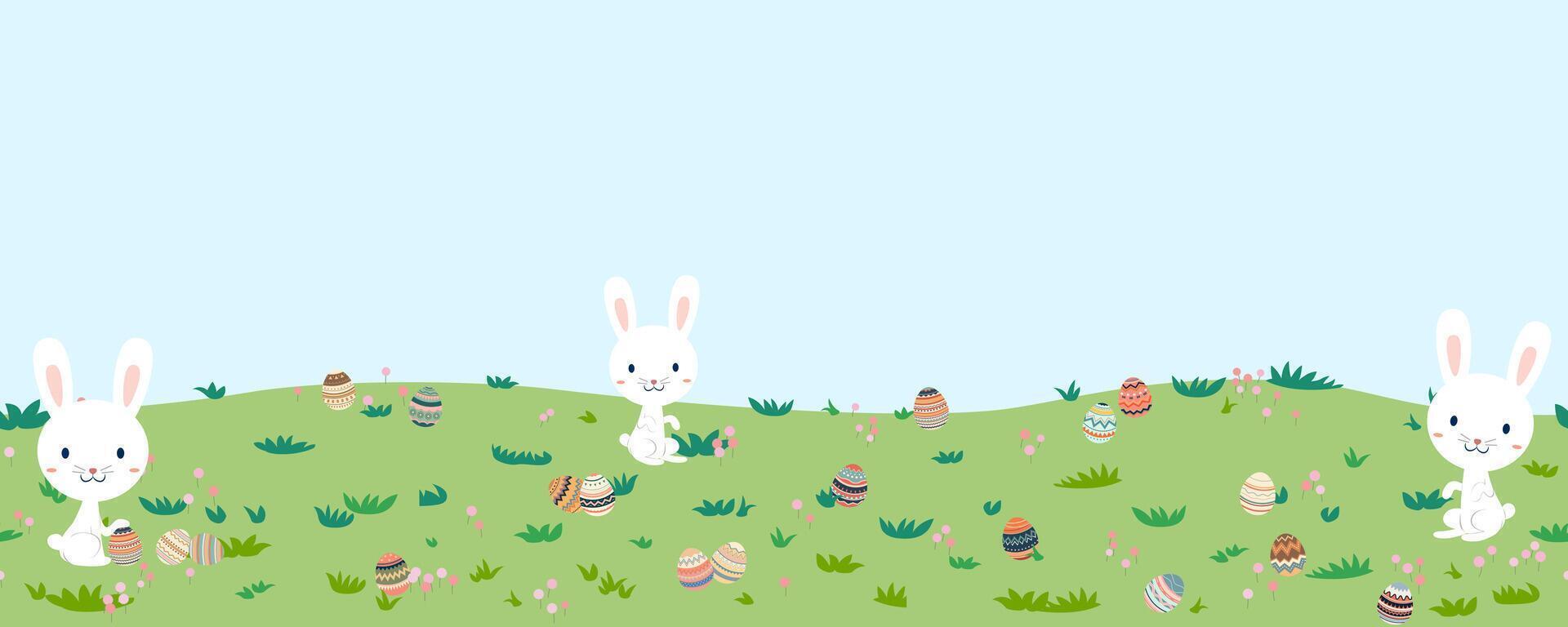 Easter landscape bunnies with colorful eggs and daisy flower on meadow under blue sky vector