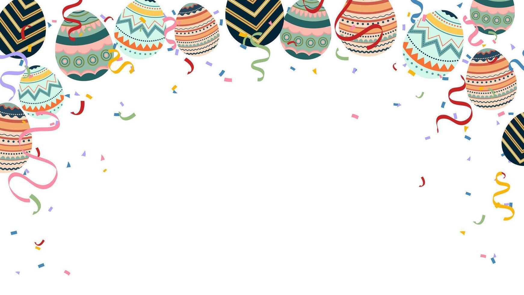 Retro colorful Easter painted eggs, ribbon and confetti banner. greeting card, header for website vector