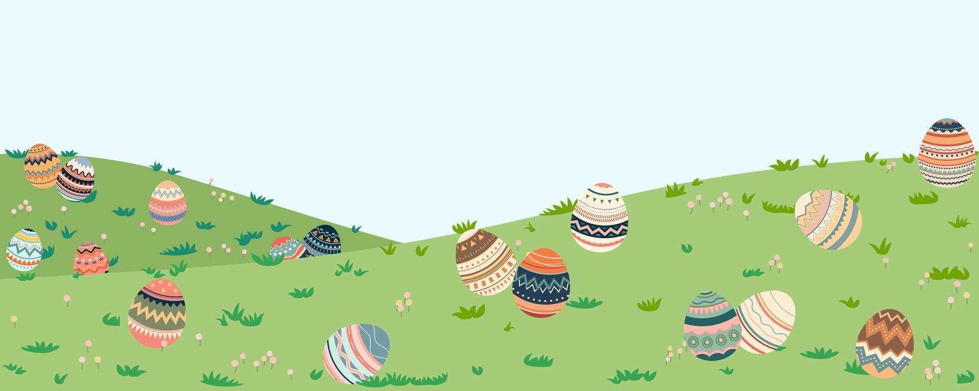 Happy Easter banner colorful easter eggs in the grass of a meadow and daisy flower vector