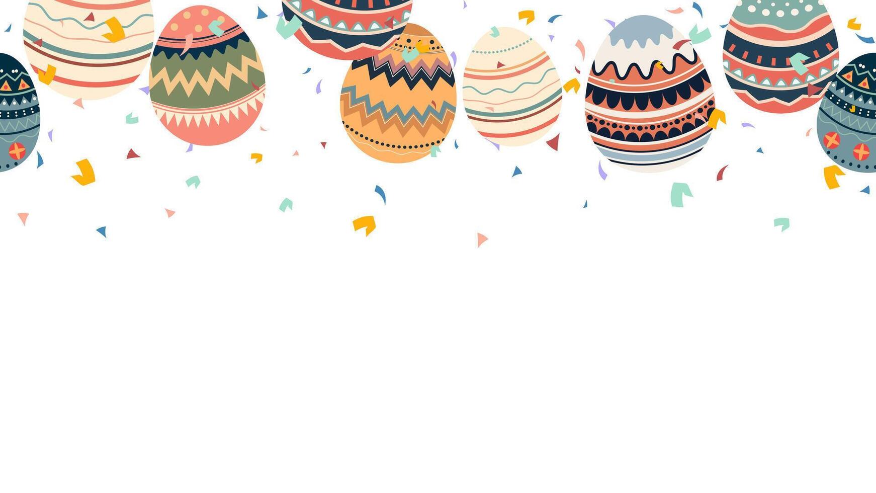 colourful retro painted eggs and confetti seamless banner horizontal with happy Easter vector