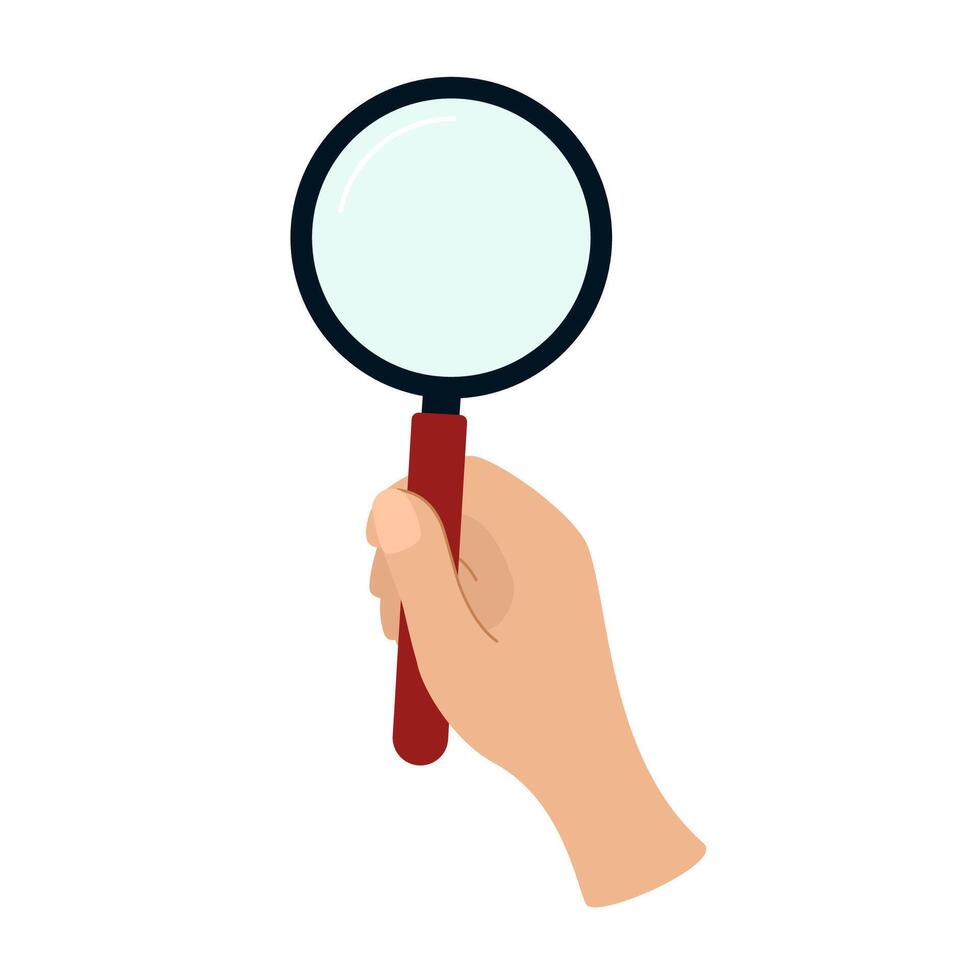 Human hand holding magnifying glass. Analysis, exploration, zoom, scrutiny, audit, inspection concepts. Vector illustration on a white background.