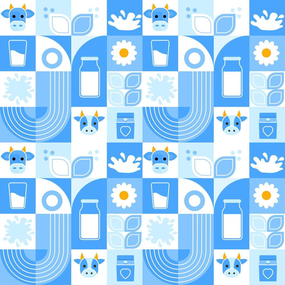 Vector seamless pattern with cows, milk, flowers. Modern abstract Background. World Milk Day. Vector illustration of geometric shapes.