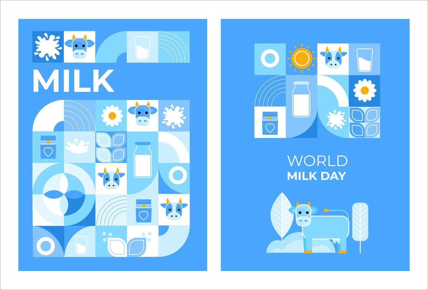 Postcard, poster with cows, milk, flowers. Modern abstract Background. World Milk Day. Vector illustration of geometric shapes.