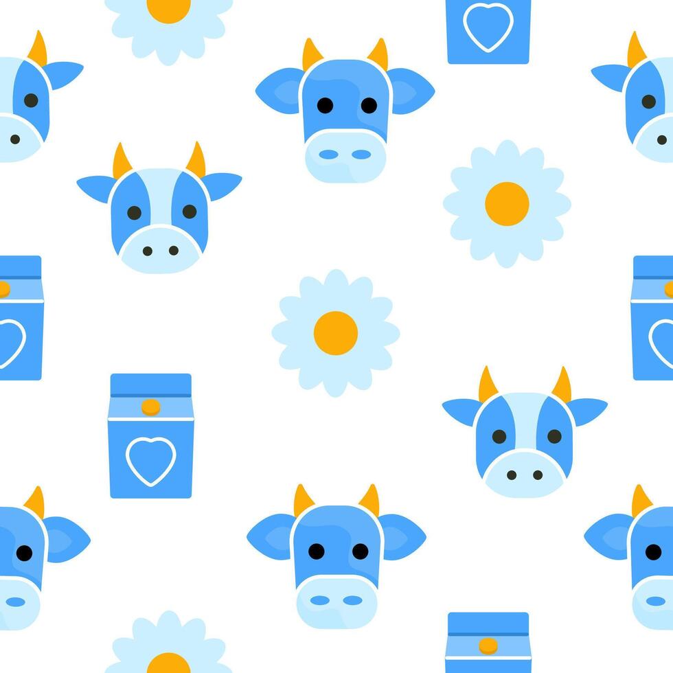 Vector seamless pattern with cows, sun, flowers. World Milk Day. Vector illustration background.