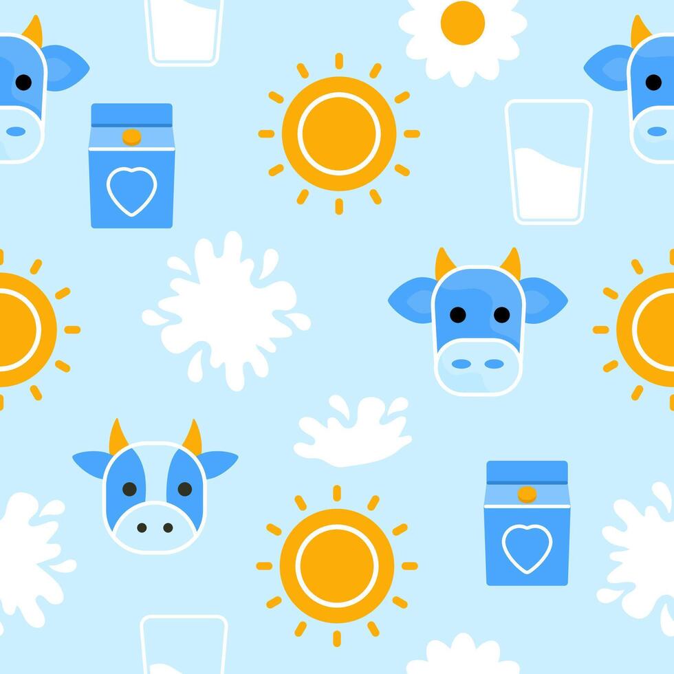 Vector seamless pattern with cows, milk, flowers. World Milk Day. Vector illustration background.