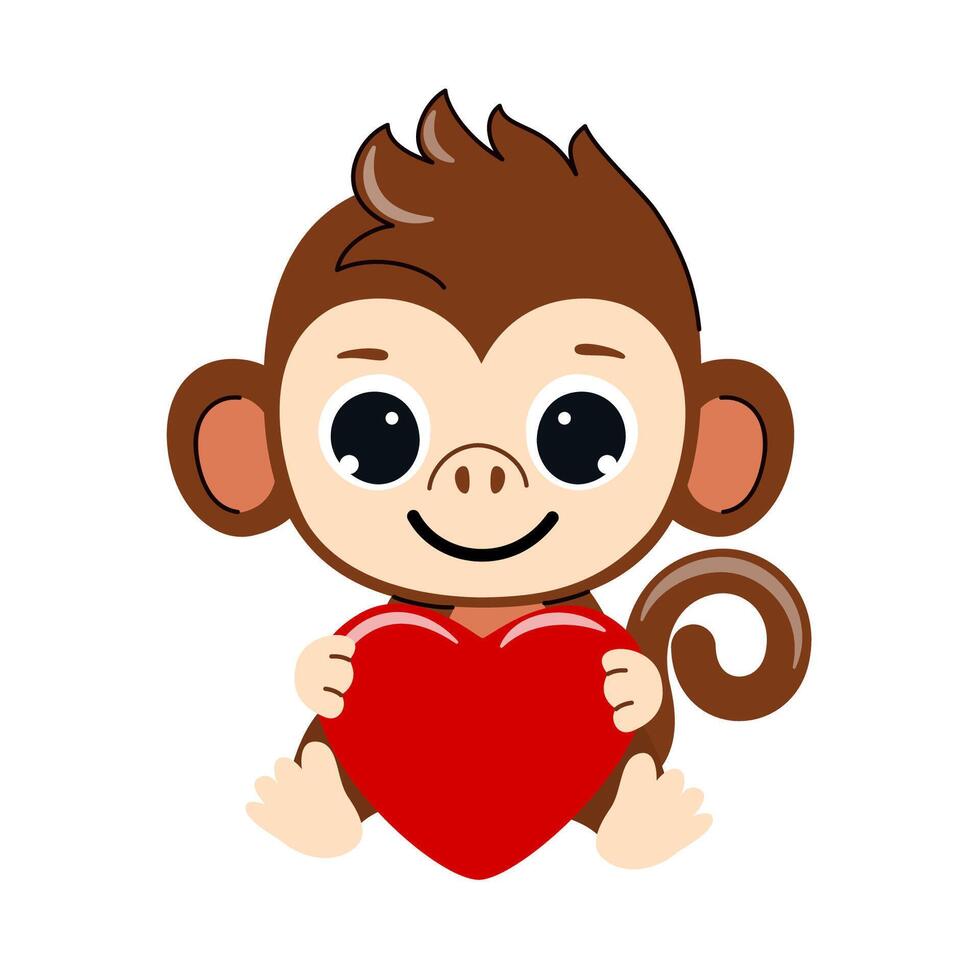 Cute little sitting monkey holds heart. Vector illustration on isolated background.