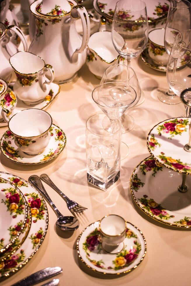 Table set for wedding or another catered event dinner party. Selective focus. photo