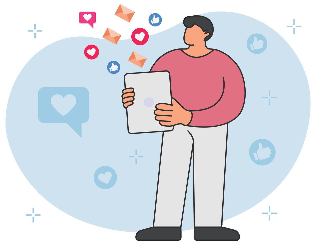 Professional holding ipad and social media communication vector illustration