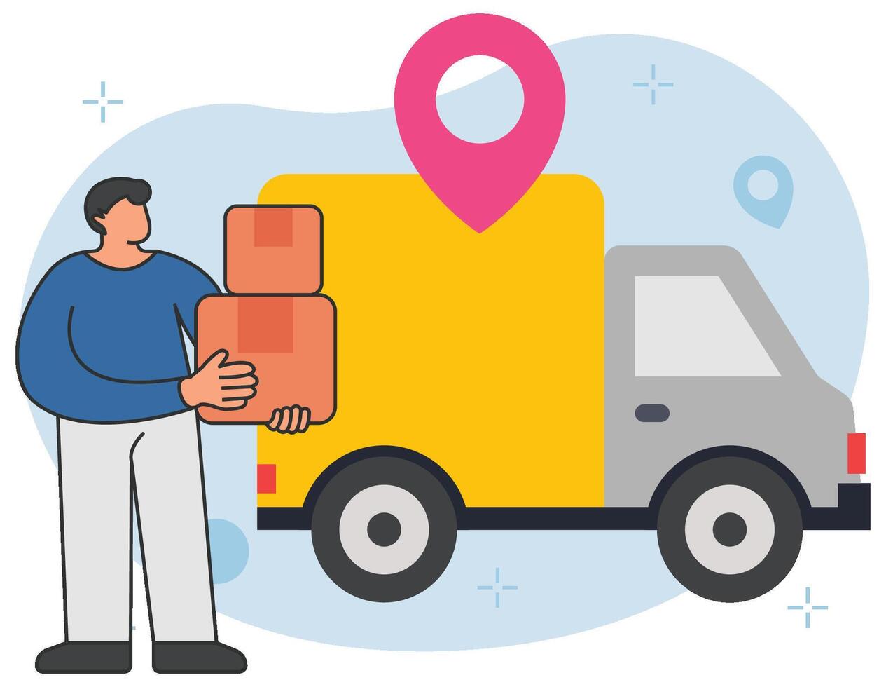 Professional cargo transport delivery parcel and location pin vector illustration