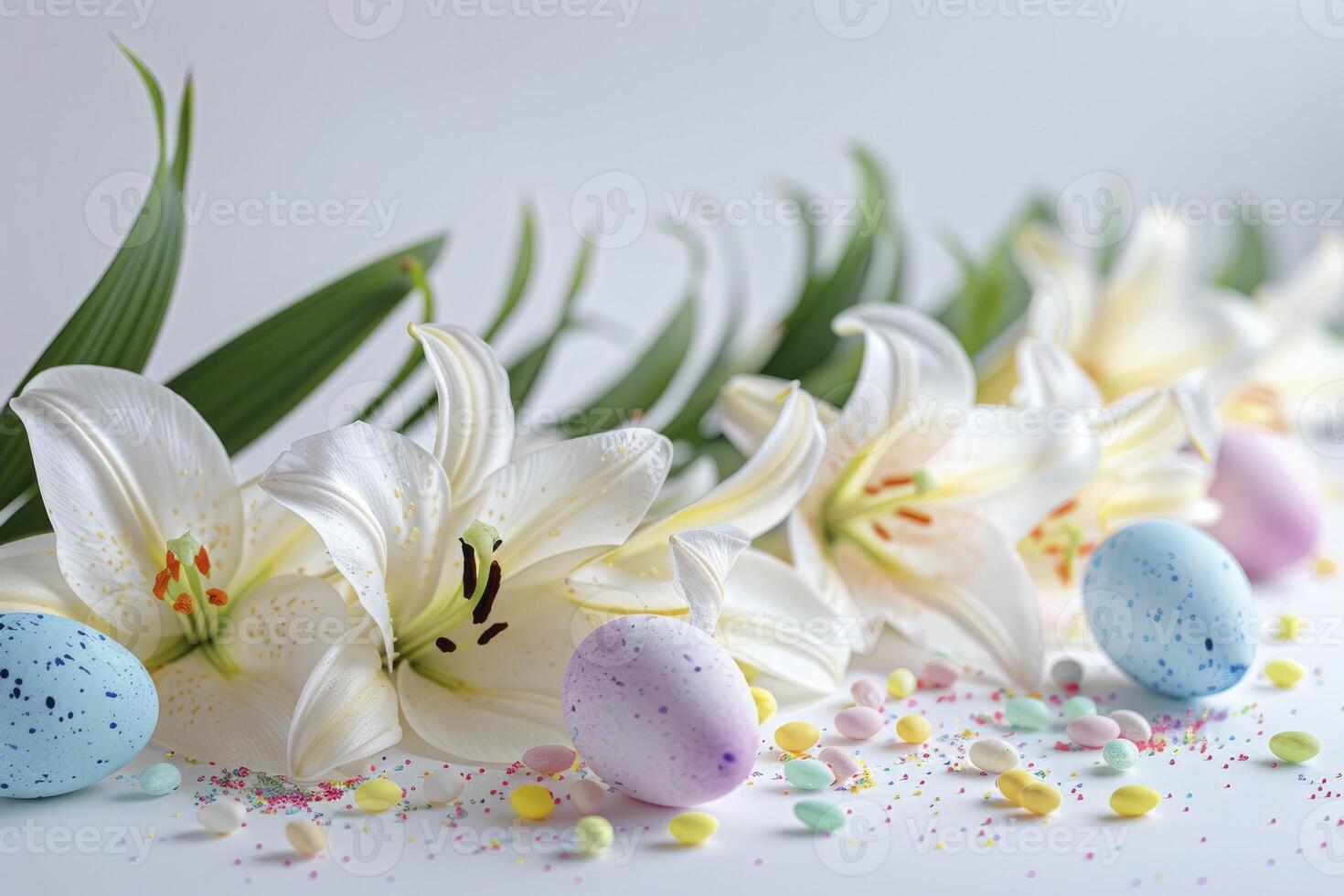 AI generated Easter Decorative Border of Lilies and Colorful Eggs photo