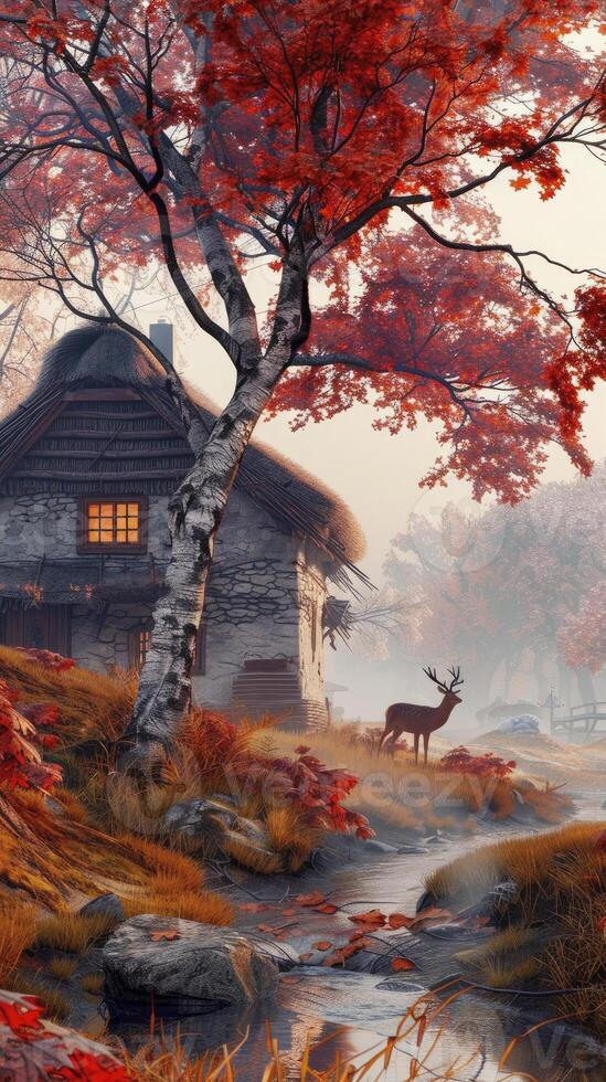 AI generated A birch tree stands beside an old thatched cottage, with red leaves and orange foliage and a deer standing next photo