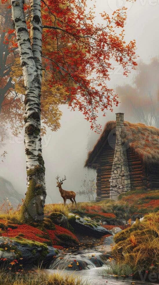 AI generated A birch tree stands beside an old thatched cottage, with red leaves and orange foliage and a deer standing next photo