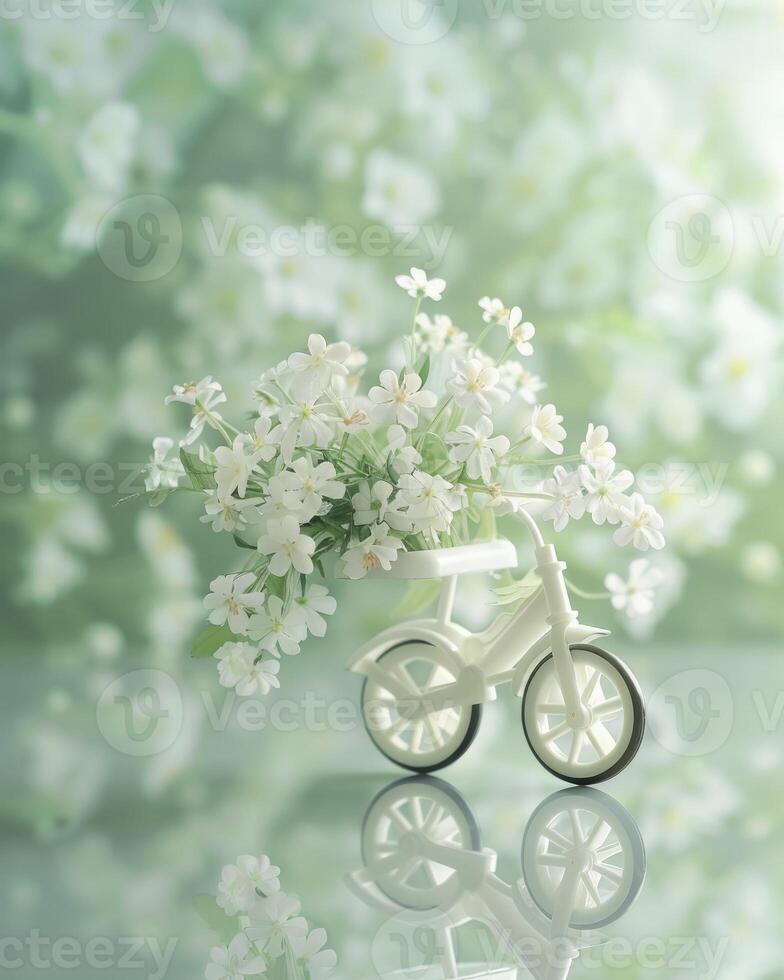 AI generated Spring Serenade. A White Tricycle Laden with Flowers, Set Against a Lush Green Blur Background, Creating a Beautiful Spring Scene. photo