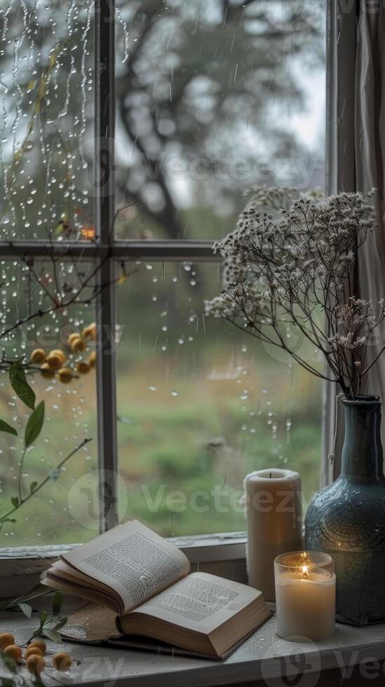 AI generated A book on the windowsill with dry flowers and candles.There is rain outside view photo