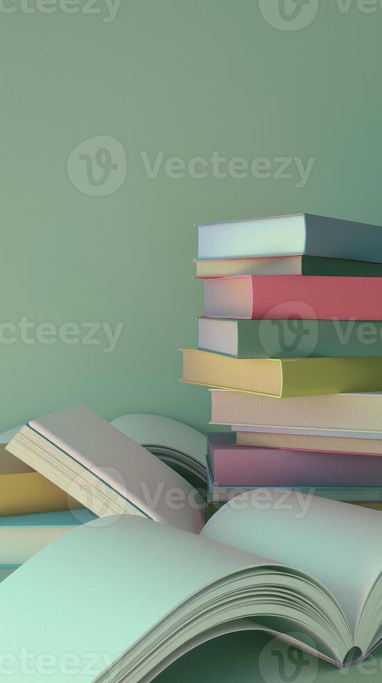 AI generated Colorful books on a light green background photo