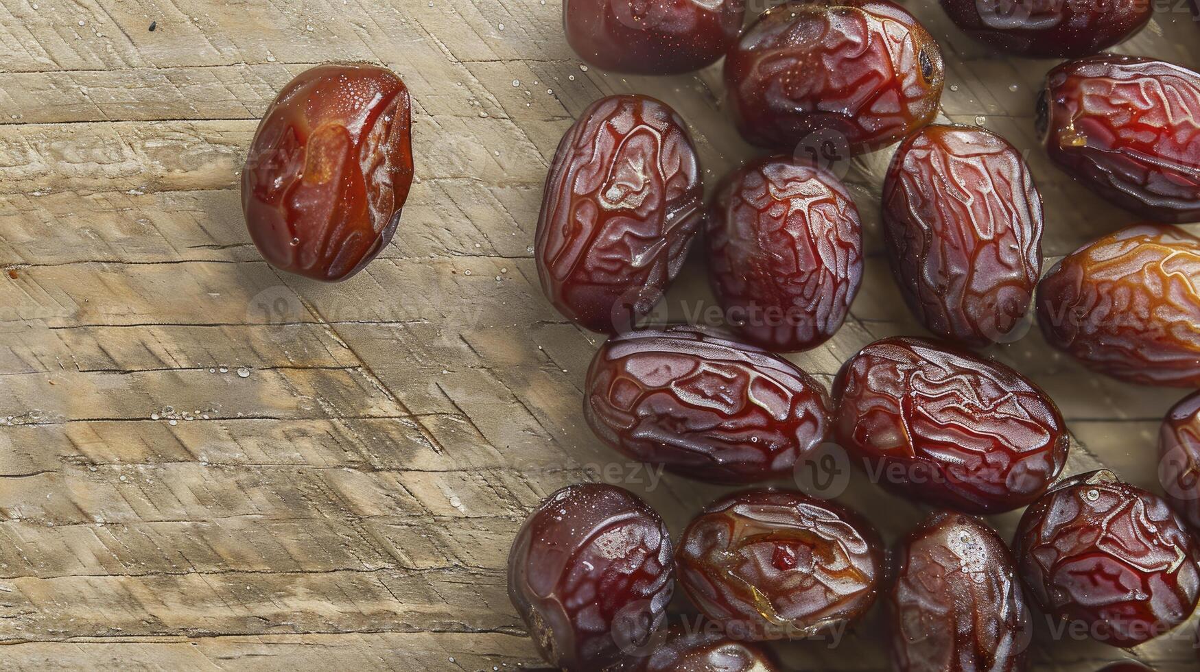 AI generated A close-up of dried dates on a wooden table background. photo