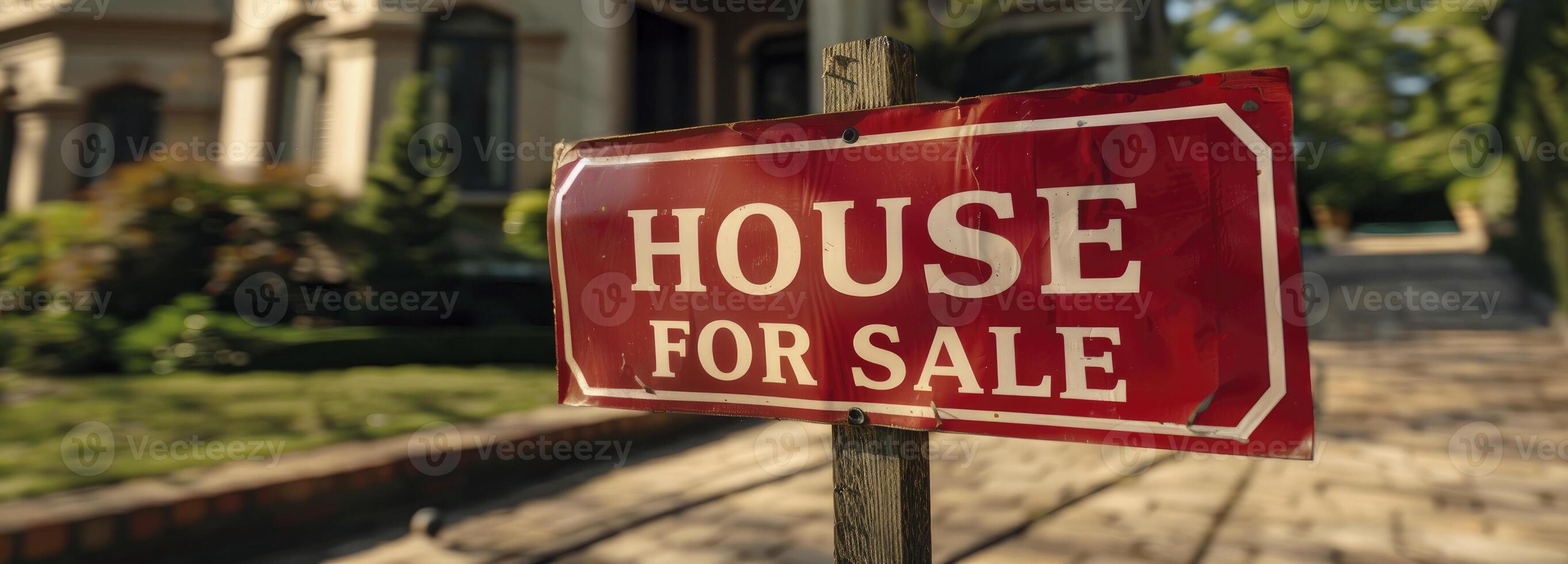AI generated HOUSE FOR SALE sign in front of a home. photo
