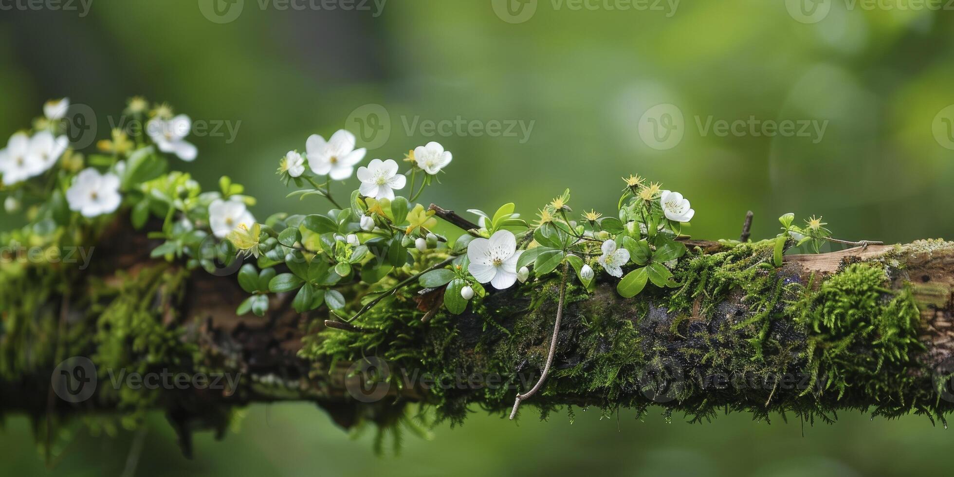 AI generated Tranquil Forest Moss Adorning an Old Tree Branch, Blossoming with White Flowers, Beautiful and Fresh Wildflower Scene Greenery, Sense of Peace and Serenity in Nature photo