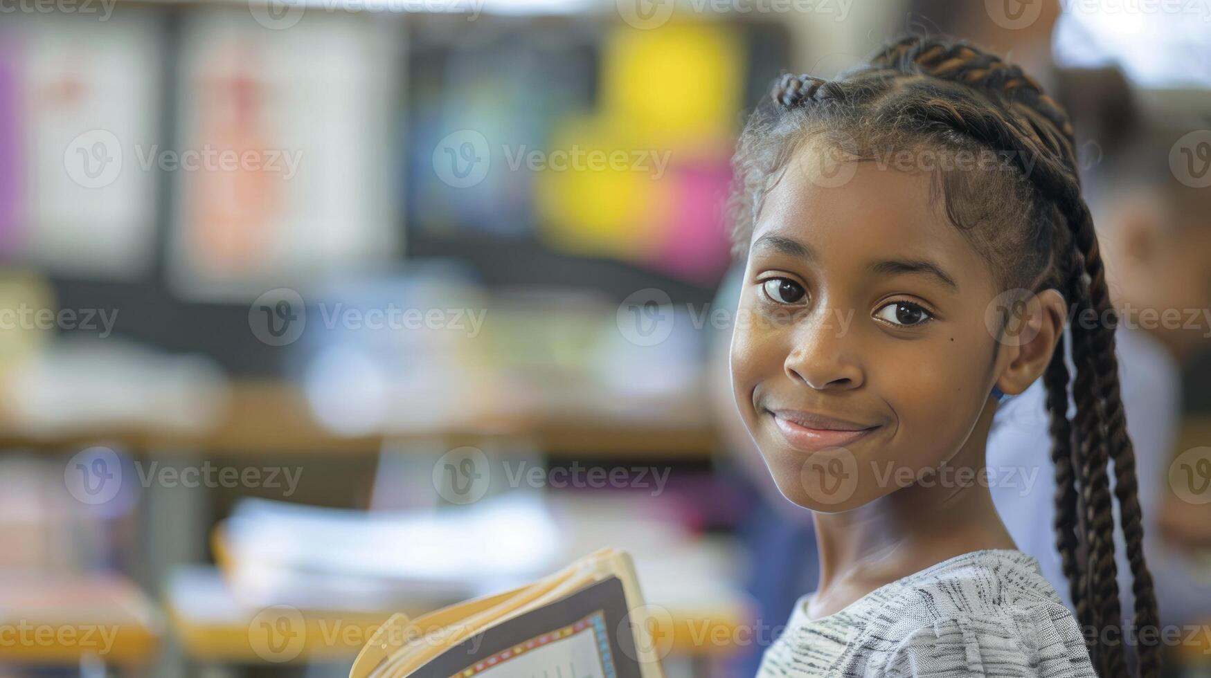 AI generated School girl studying, World book day concept photo