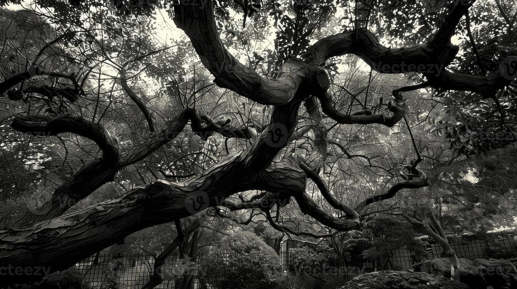 ai generado retorcido árbol ramas en un antiguo roble bosque foto