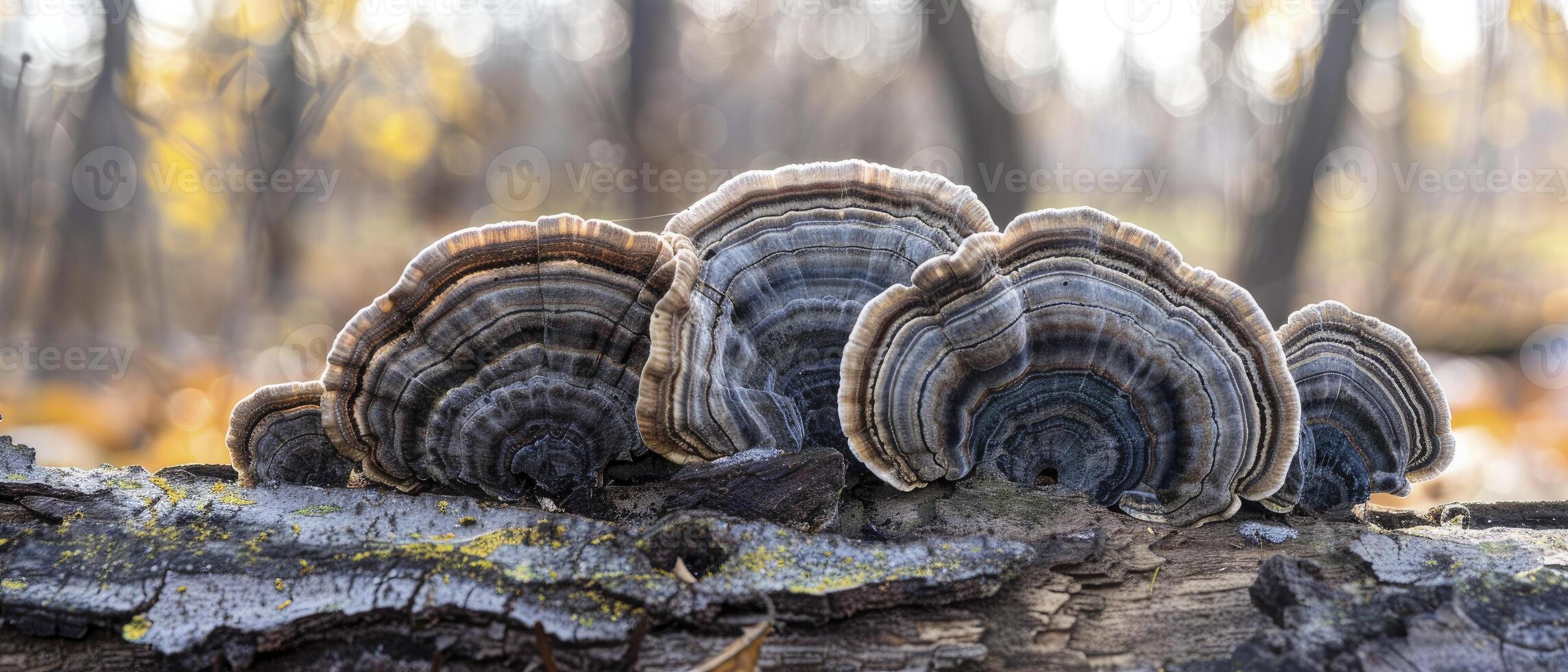AI generated Nature Palette. Turkey Tail Mushroom on Fallen Log, Illuminated by Natural Sunlight. photo