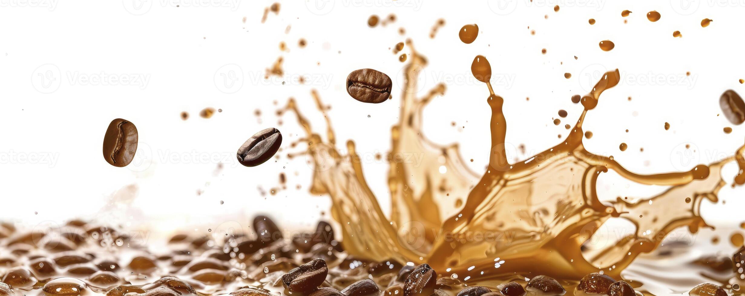 AI generated Caffeine Burst. Coffee Splash with Scattered Coffee Beans on a Clean White Background photo