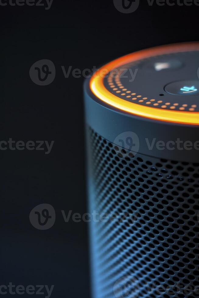 AI generated Close-Up of Smart Speaker, its Voice Command Indicators Illuminated, Ready to Respond photo
