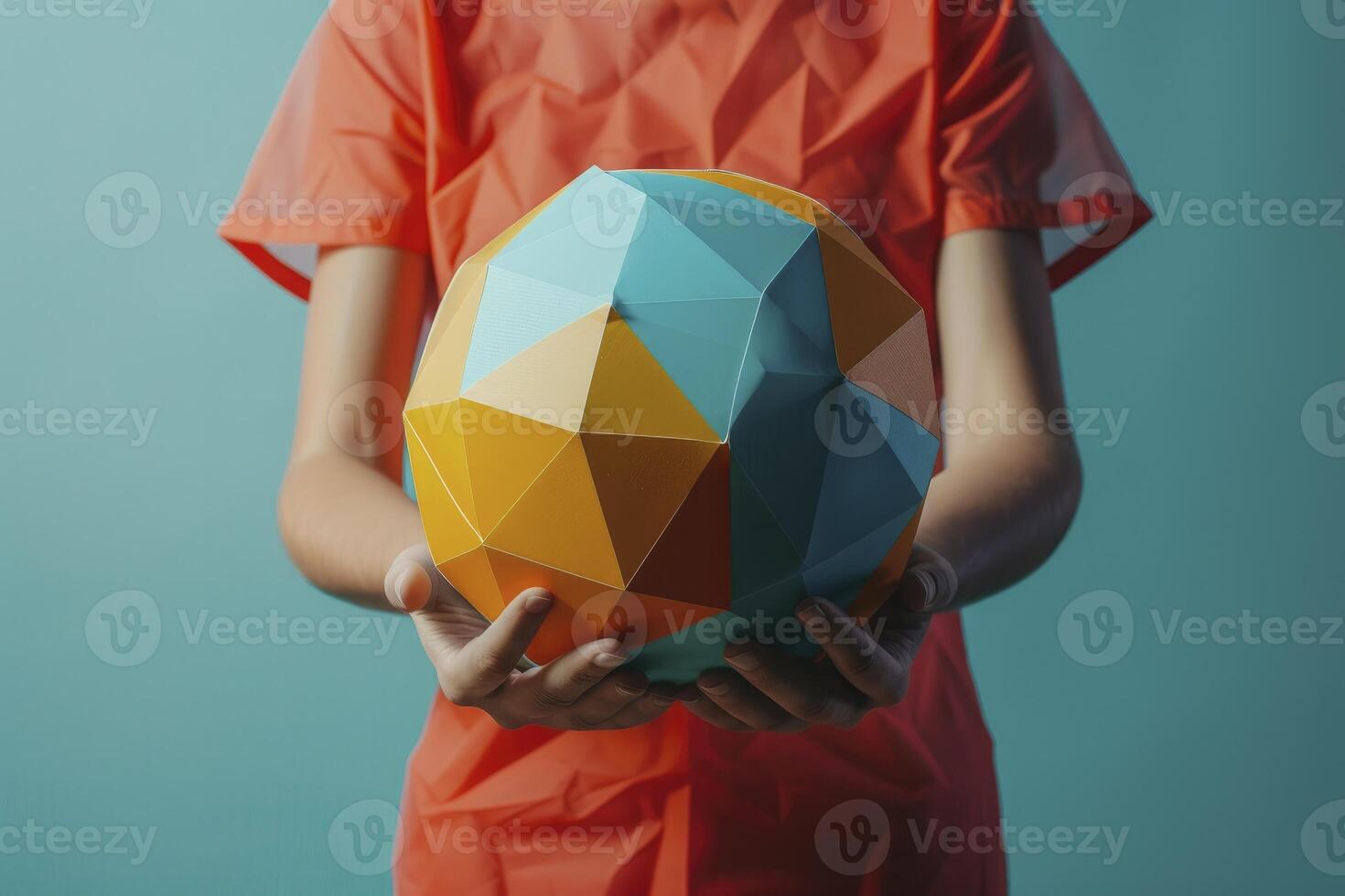 AI generated Person is holding a globe with geometric polygons around it. photo
