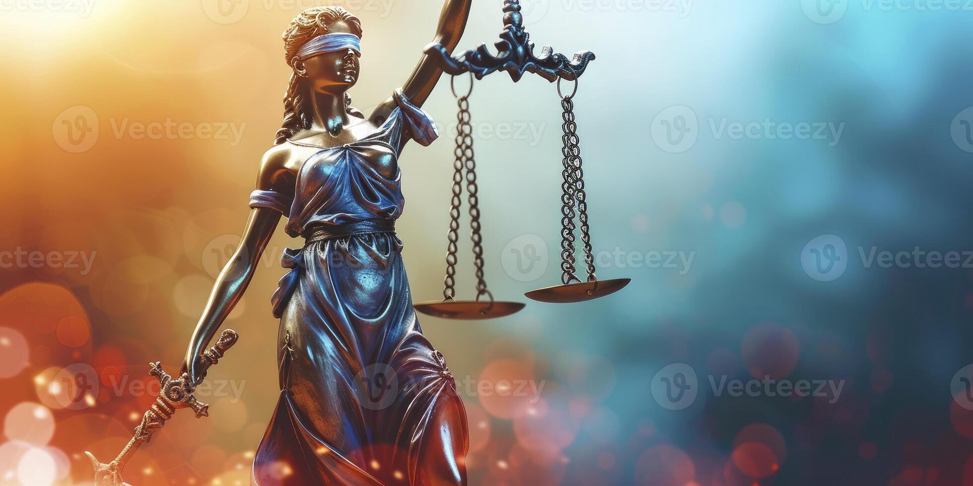 AI generated Justice Embodied. Lady Justice Statue with Scales of Justice, Symbolizing Legal Integrity and Fairness. photo